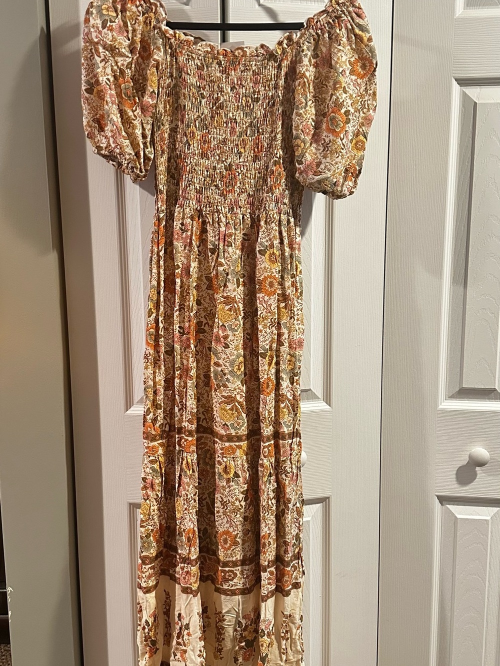 Smocked Boho Maxi Dress in Cream with Orange Floral Print